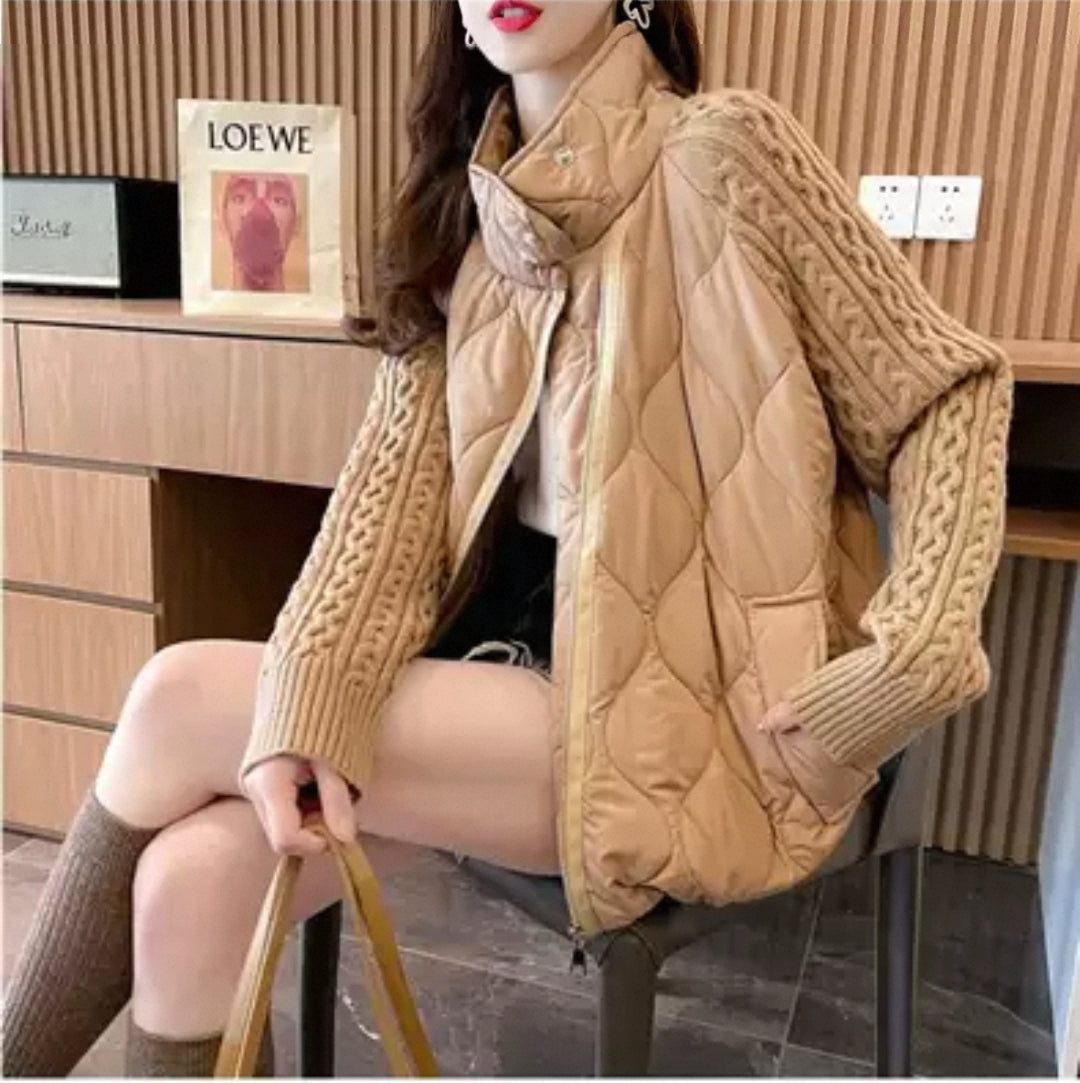 Western Couture Imported Women’s Quilted Puffer Jacket with Cable Knit Sleeves & High Neck – Beige