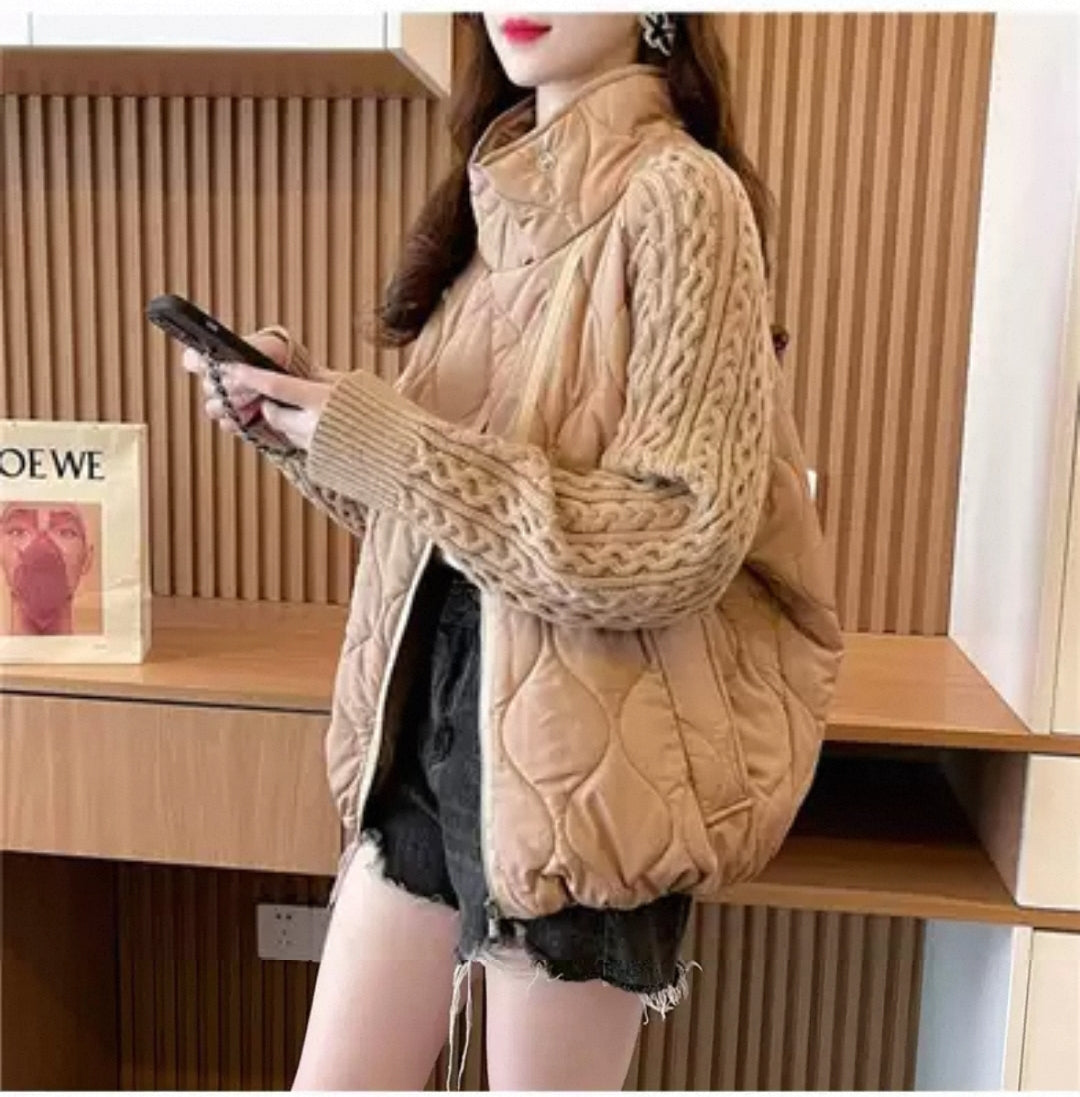 Western Couture Imported Women’s Quilted Puffer Jacket with Cable Knit Sleeves & High Neck – Beige