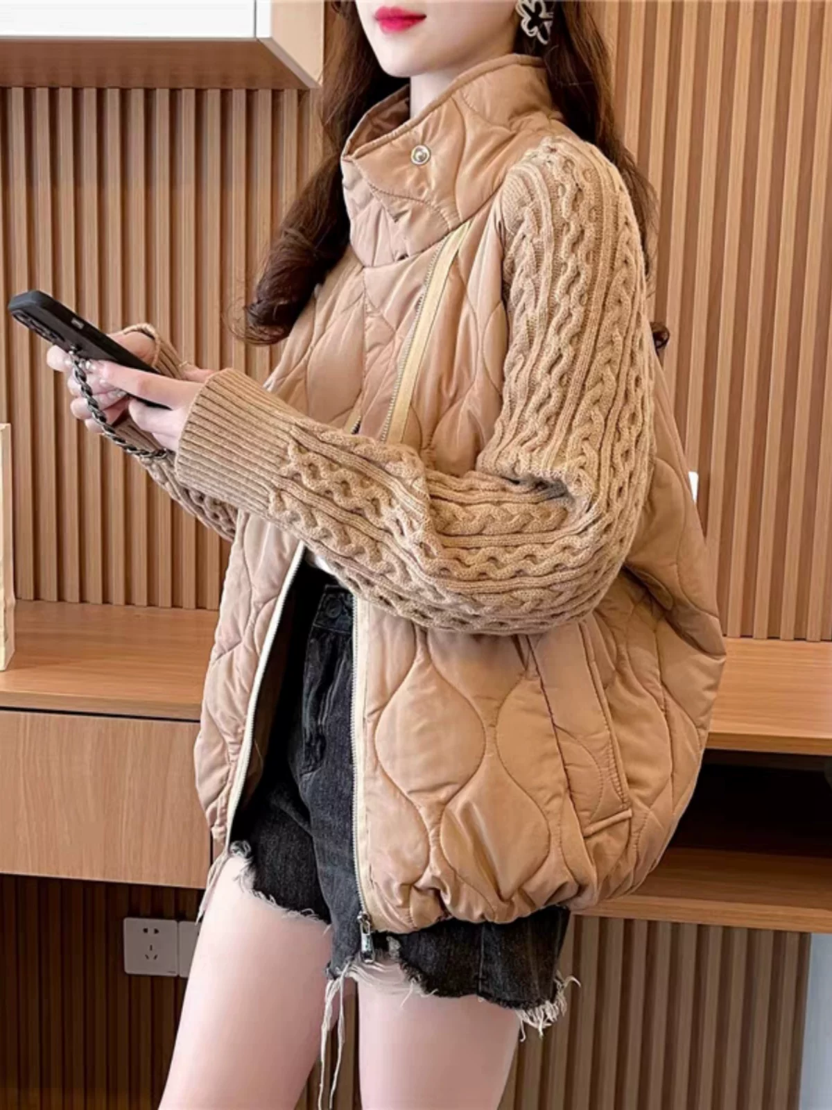 Western Couture Imported Women’s Quilted Puffer Jacket with Cable Knit Sleeves & High Neck – Beige