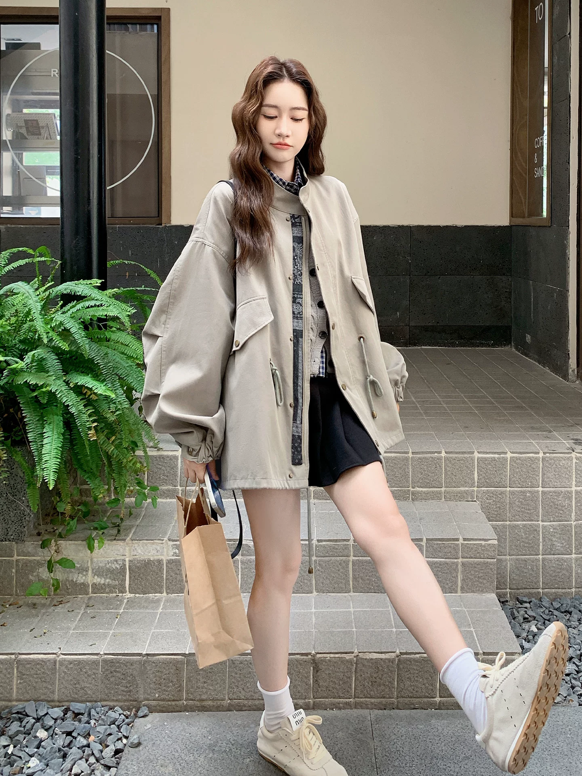 Western Couture Imported Women’s Oversized Utility Parka Jacket with Paisley Sleeve Patch Detail – Beige