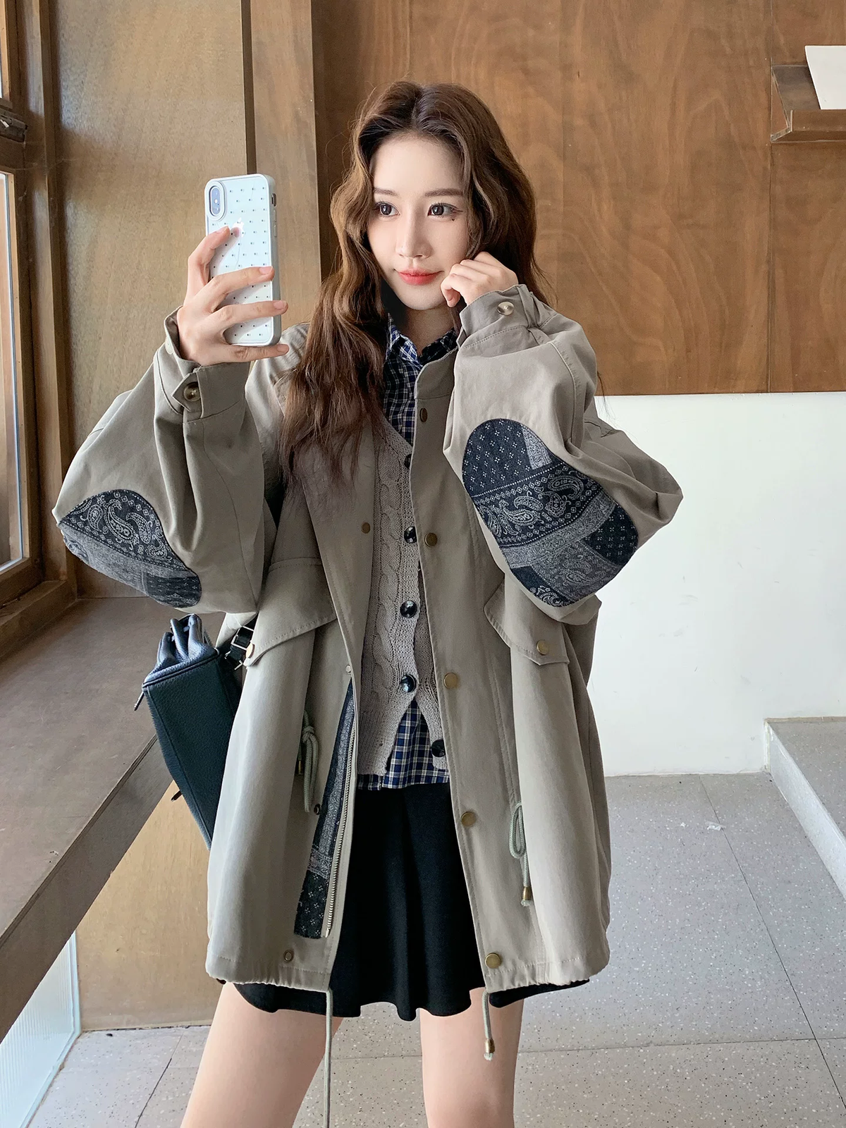 Western Couture Imported Women’s Oversized Utility Parka Jacket with Paisley Sleeve Patch Detail – Beige
