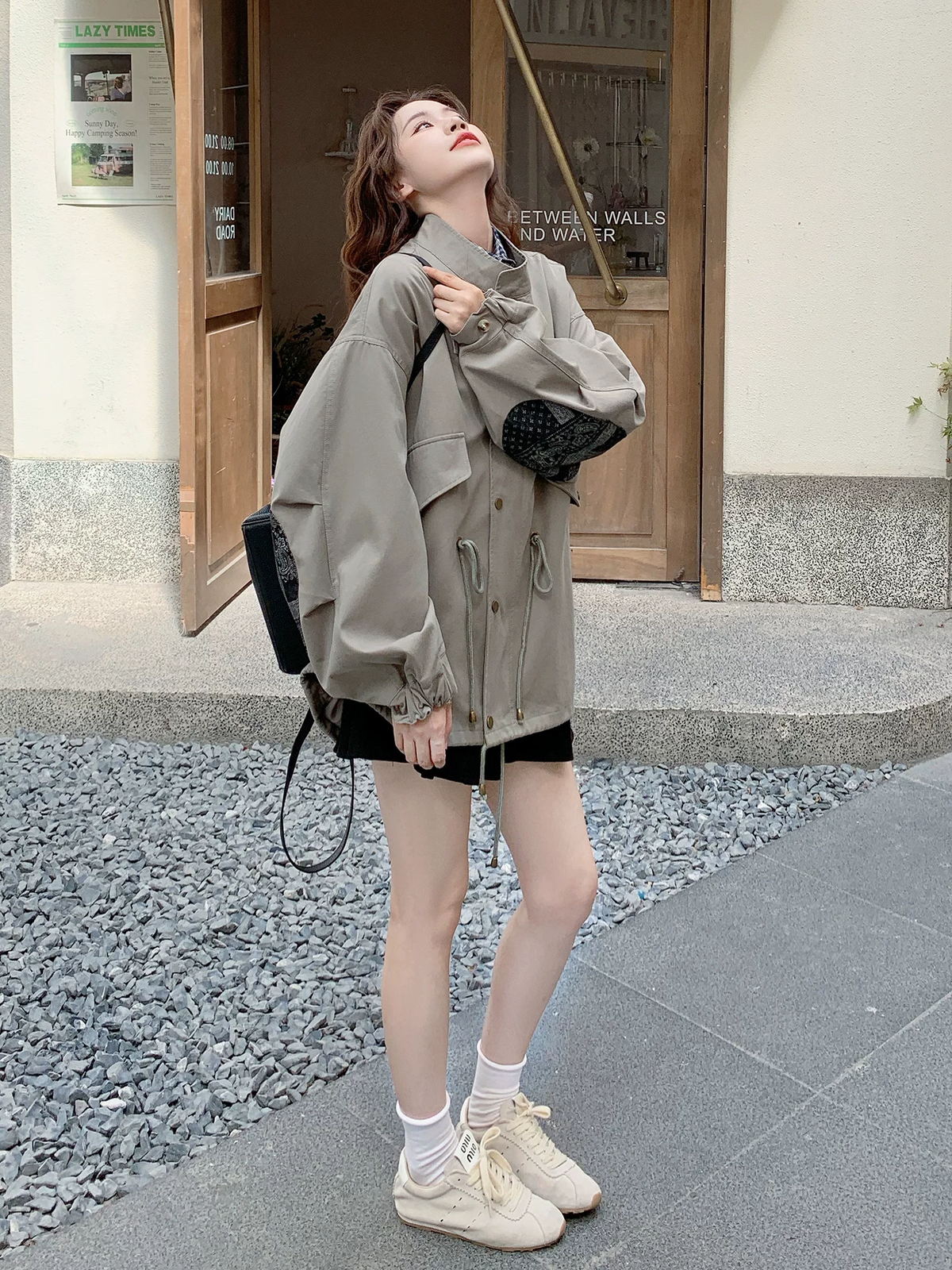 Western Couture Imported Women’s Oversized Utility Parka Jacket with Paisley Sleeve Patch Detail – Beige