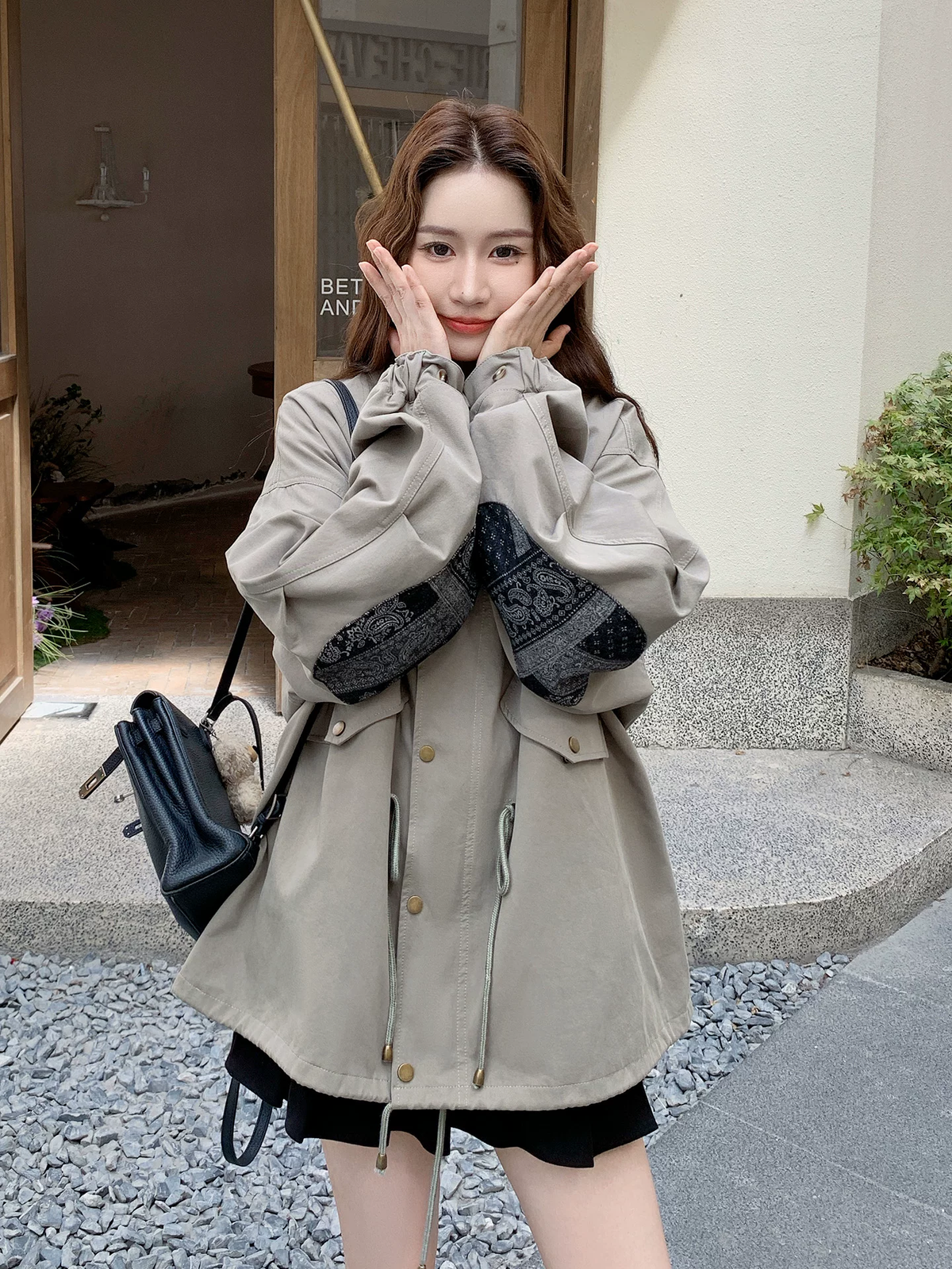 Western Couture Imported Women’s Oversized Utility Parka Jacket with Paisley Sleeve Patch Detail – Beige