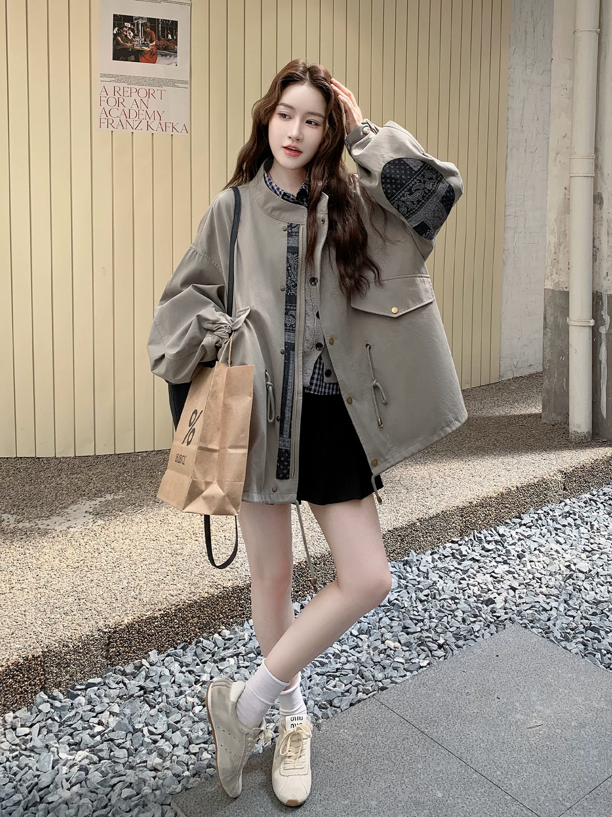 Western Couture Imported Women’s Oversized Utility Parka Jacket with Paisley Sleeve Patch Detail – Beige