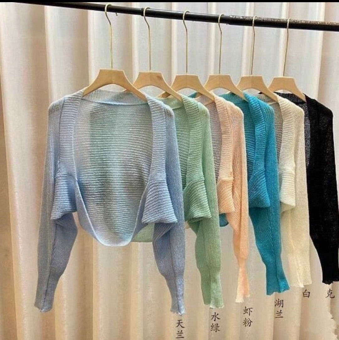 Western Couture Imported Knitted Hollow-Out Sleeve Shrug | Trendy Korean-Style Layering Top