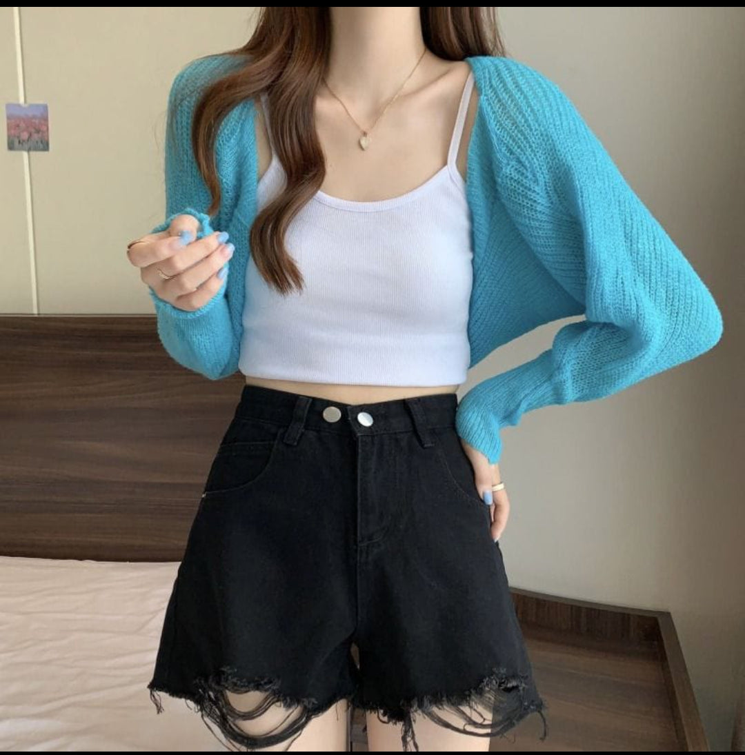 Western Couture Imported Knitted Hollow-Out Sleeve Shrug | Trendy Korean-Style Layering Top