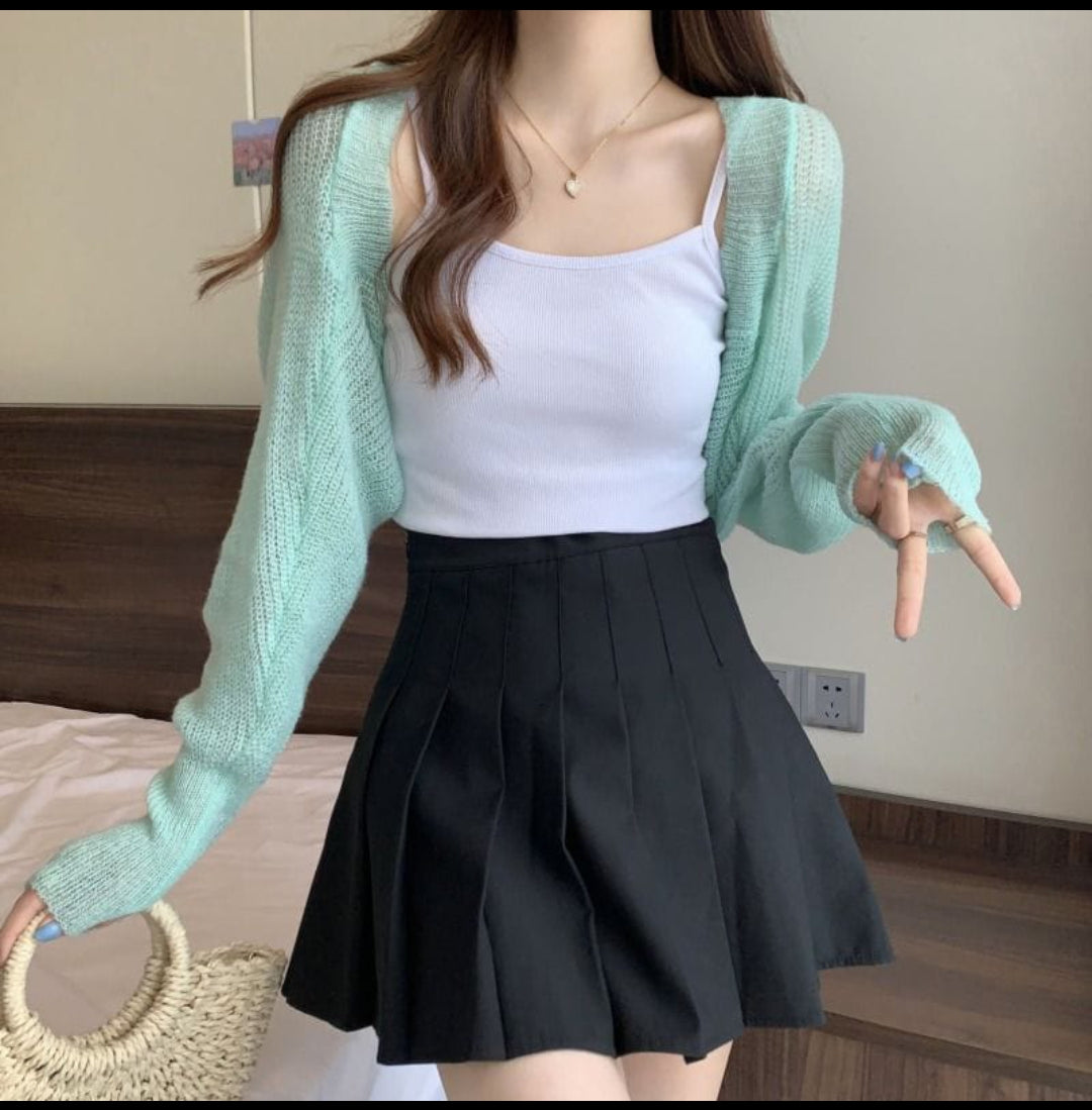 Western Couture Imported Knitted Hollow-Out Sleeve Shrug | Trendy Korean-Style Layering Top