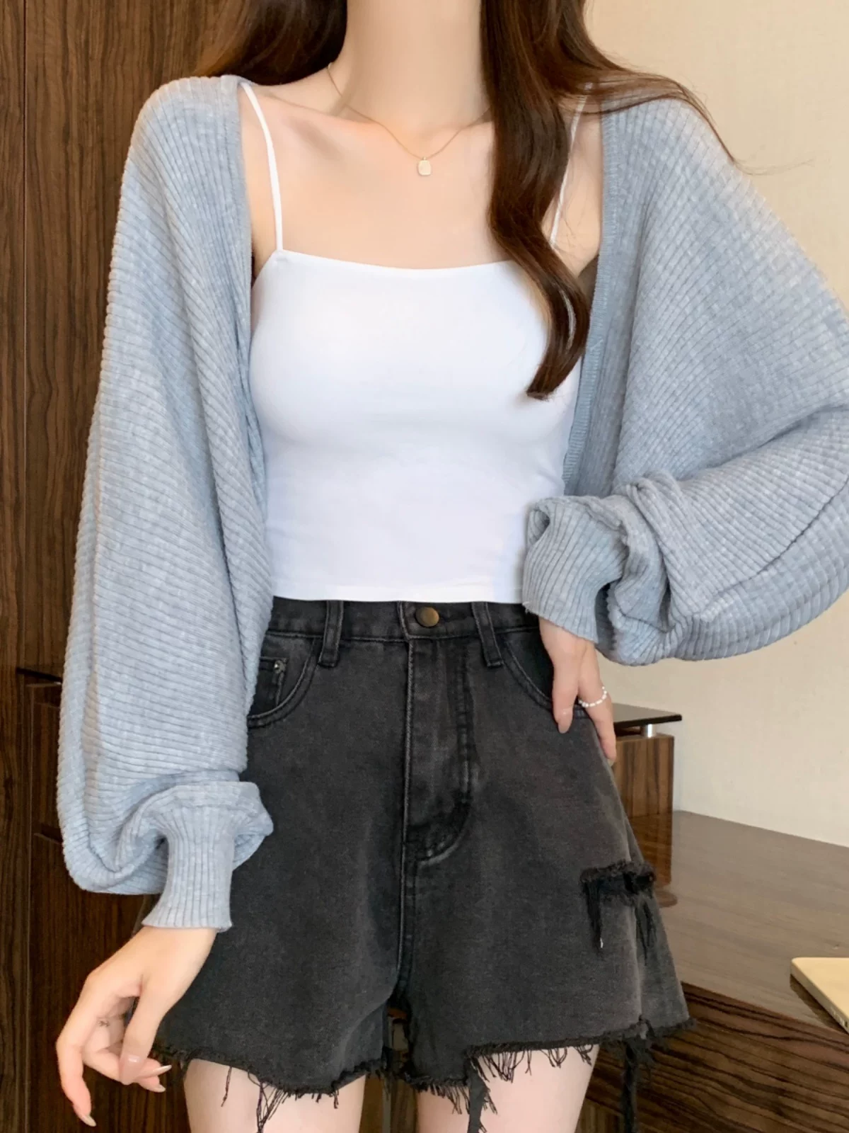 Western Couture Imported Knitted Hollow-Out Sleeve Shrug | Trendy Korean-Style Layering Top