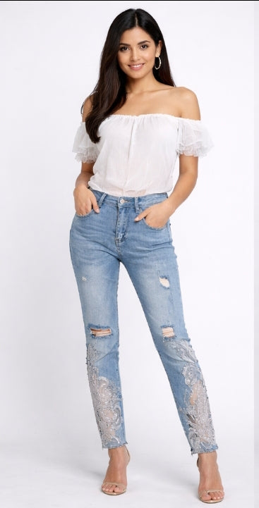 Western Couture Women's Sequin Lace Patchwork Jeans - Heavy Embroidery Denim Trousers