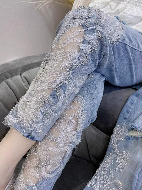 Western Couture Women's Sequin Lace Patchwork Jeans - Heavy Embroidery Denim Trousers