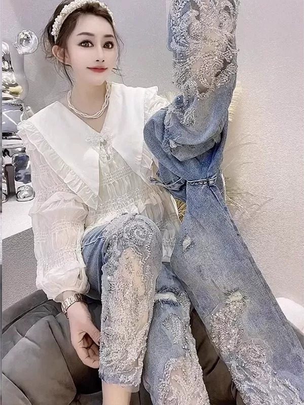 Western Couture Women's Sequin Lace Patchwork Jeans - Heavy Embroidery Denim Trousers
