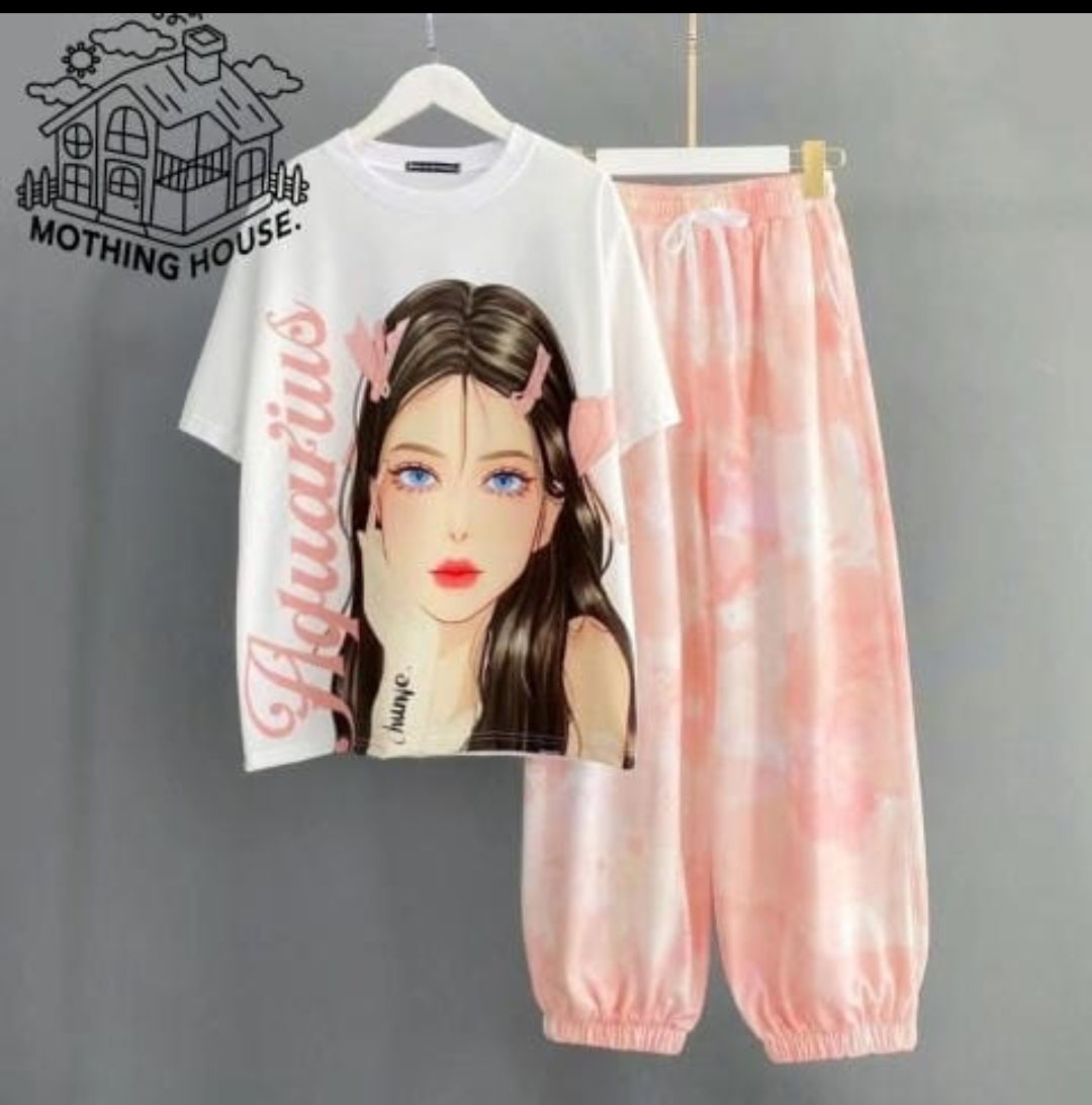 White portrait graphic T-shirt and pink checked pyjama bottoms displayed together
