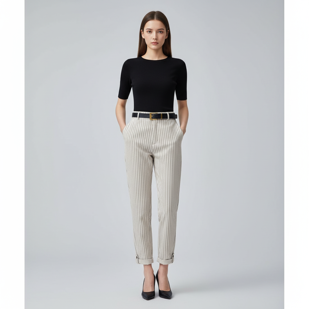 Front styling view of light-coloured pinstripe casual pants