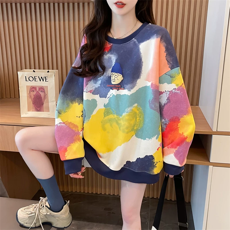 Front view of women's multicolour fleece-lined winter T-shirt with navy cuffs and hem