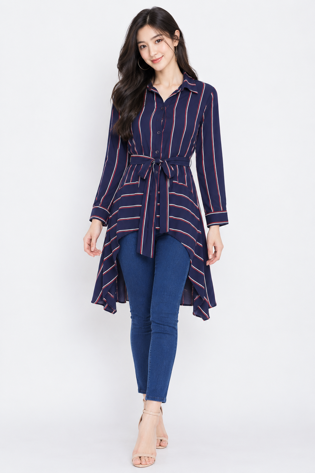 Western Couture Corporate Edge Asymmetric Striped High-Low Shirt Dress