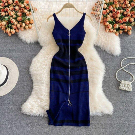 Western Couture Seoul Silhouette Full-Zip Ribbed Knit Bodycon Dress