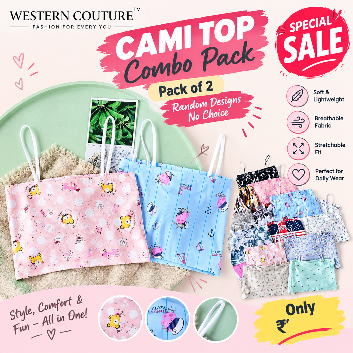 Western Couture Padded Stretchable Cami Top Combo Pack of 2 – Removable Pads, Random Designs