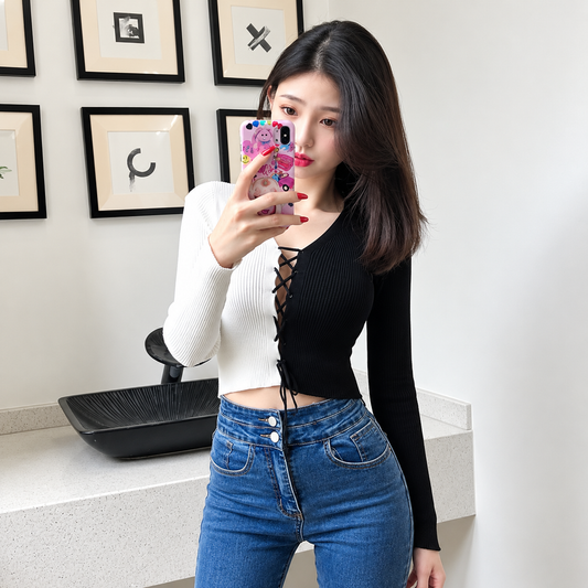 Western Couture Women's Dual-Tone Color-Block Ribbed Top - Sexy Criss-Cross Lace-Up V-Neck Crop Top (Black & White)