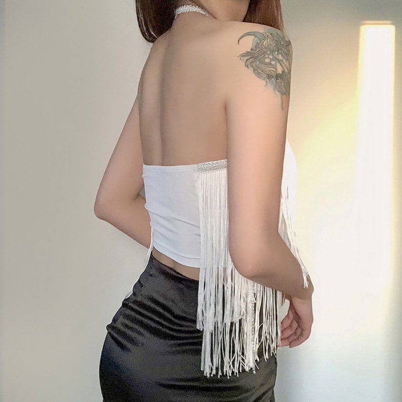 Western Couture Premium Imported Rhinestone Halter Neck Fringe Bustier Top (Size 32 - XS)