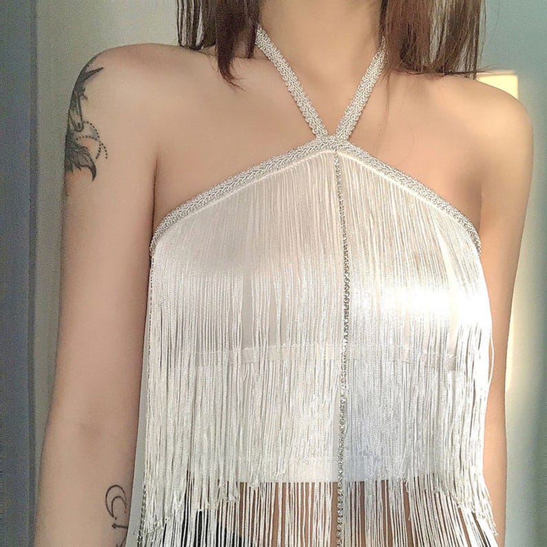 Western Couture Premium Imported Rhinestone Halter Neck Fringe Bustier Top (Size 32 - XS)