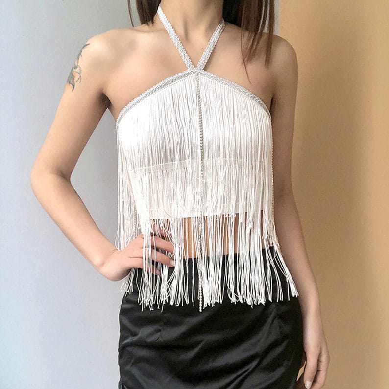 Western Couture Premium Imported Rhinestone Halter Neck Fringe Bustier Top (Size 32 - XS)