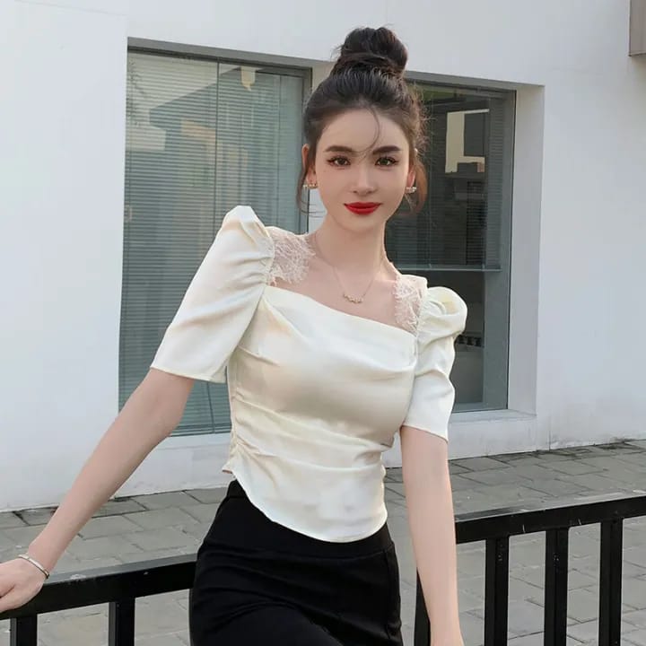 Square Neck Lace Detail Puff Sleeve Top, White | Black