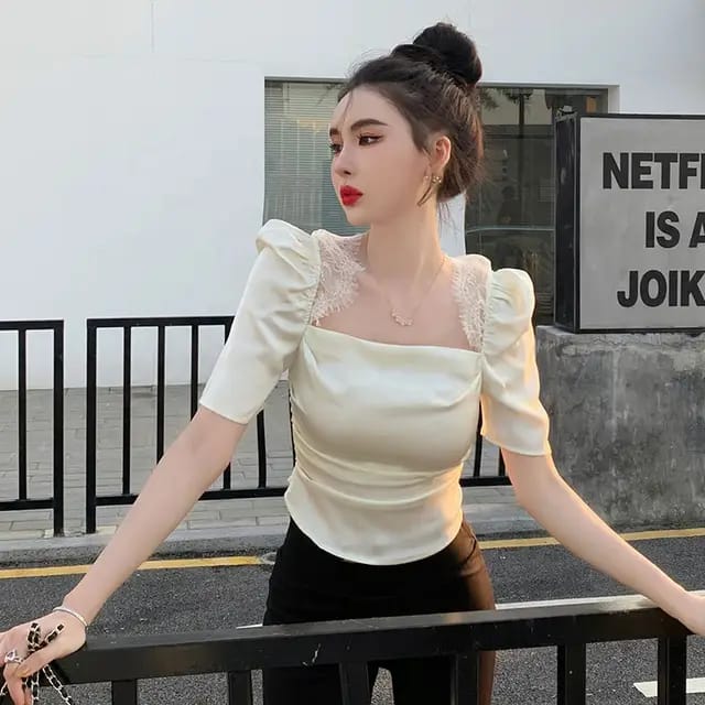 Square Neck Lace Detail Puff Sleeve Top, White | Black
