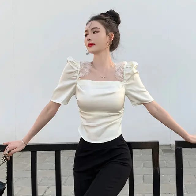 Square Neck Lace Detail Puff Sleeve Top, White | Black
