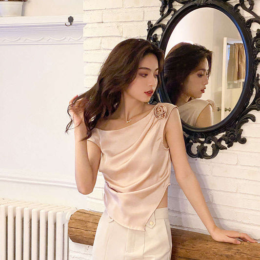 Elegant Rose Detail Poly-Silk Cowl Neck Top by Western Couture
