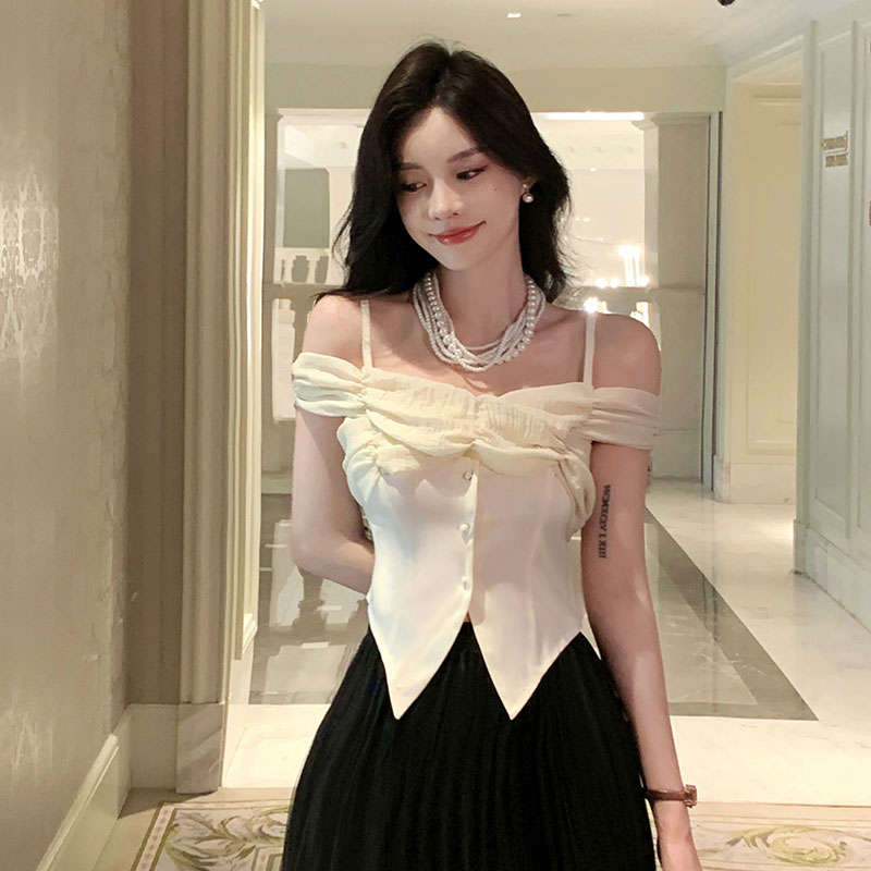 Elegant Draped Off-Shoulder Satin Crop Top with Buttons by Western Couture
