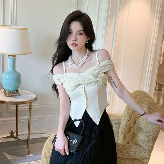 Elegant Draped Off-Shoulder Satin Crop Top with Buttons by Western Couture