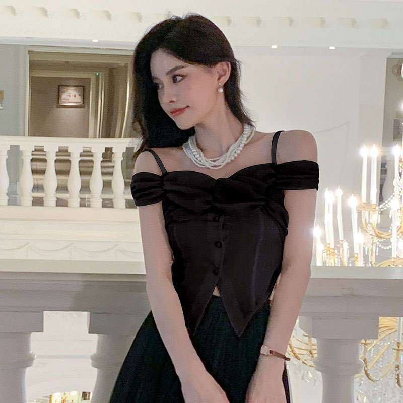 Elegant Draped Off-Shoulder Satin Crop Top with Buttons by Western Couture