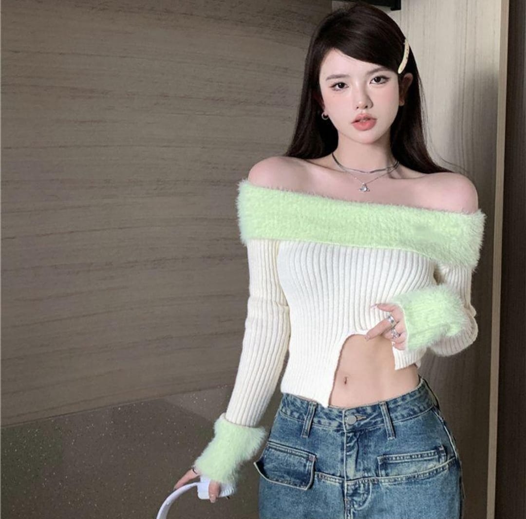 Western Couture Women's Off-Shoulder Ribbed Knit Top - Fur Detailed Winter Sweater Top