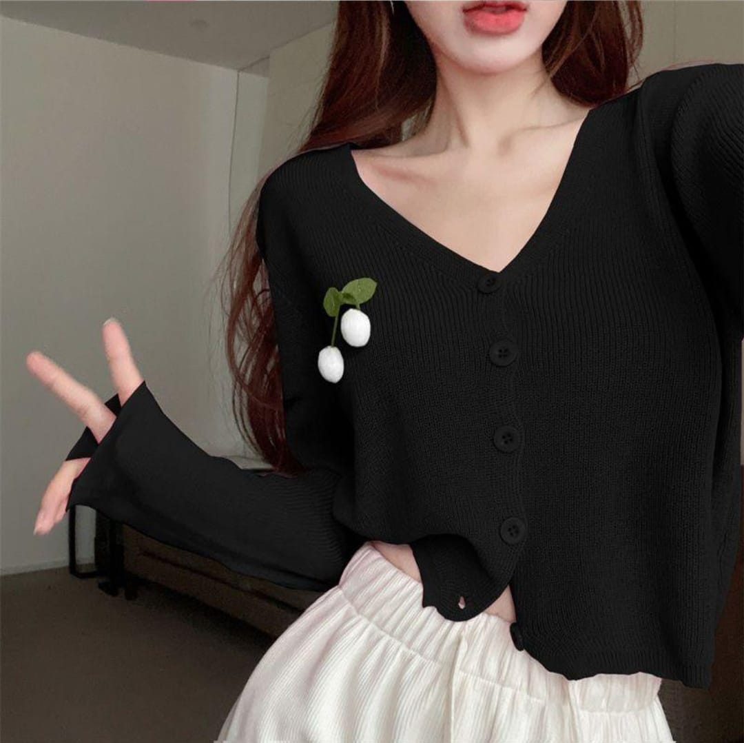 Western Couture Women's Cute Cherry Patch V-Neck Knitted Cardigan - Premium Light Winter Slim-Fit Sweater Top (Black)