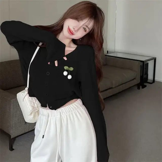 Western Couture Women's Cute Cherry Patch V-Neck Knitted Cardigan - Premium Light Winter Slim-Fit Sweater Top (Black)