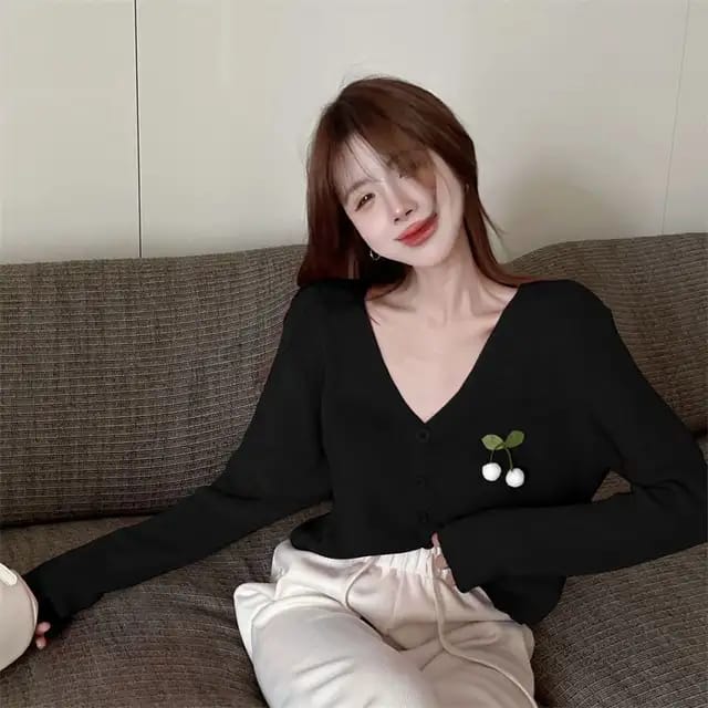 Western Couture Women's Cute Cherry Patch V-Neck Knitted Cardigan - Premium Light Winter Slim-Fit Sweater Top (Black)