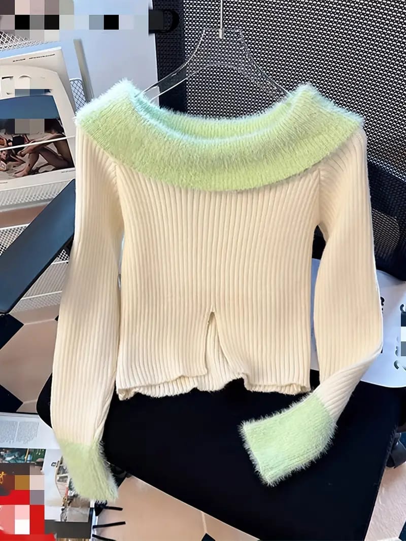 Western Couture Women's Off-Shoulder Ribbed Knit Top - Fur Detailed Winter Sweater Top