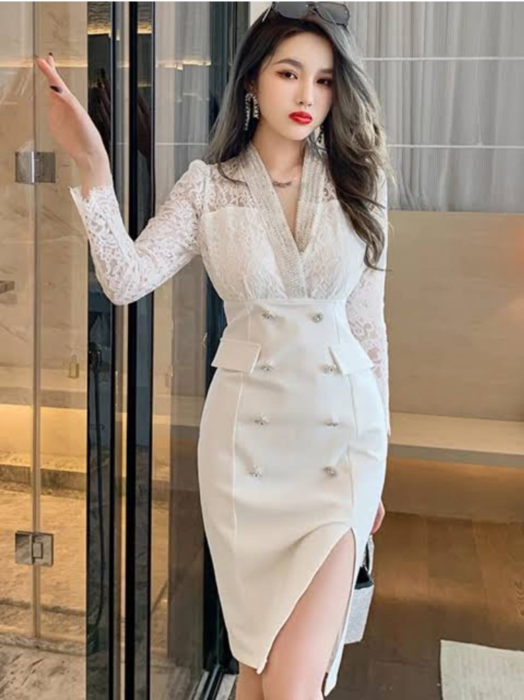 Authentic ZYHT Premium Crystal Beaded Long Sleeve Midi Dress by Western Couture