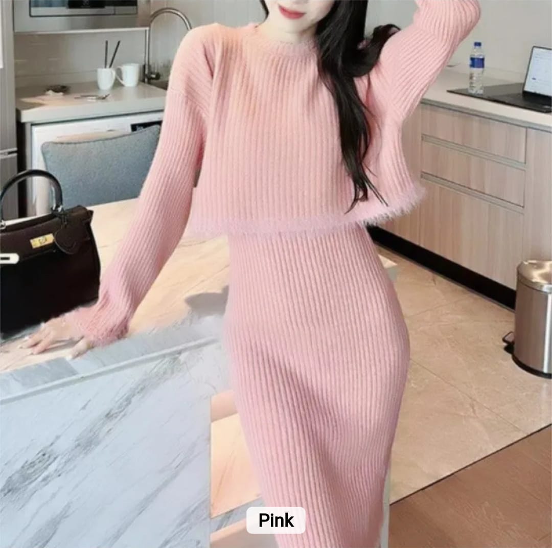 Western Couture Women's Pink Soft Woolen 2-Piece Dress Set - Imported Winter Knitwear