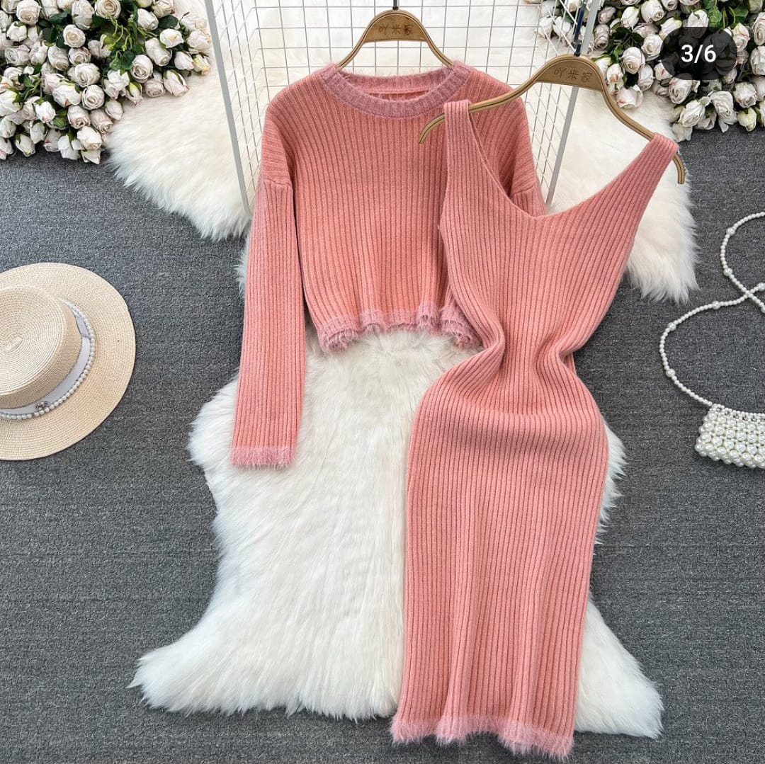 Western Couture Women's Pink Soft Woolen 2-Piece Dress Set - Imported Winter Knitwear