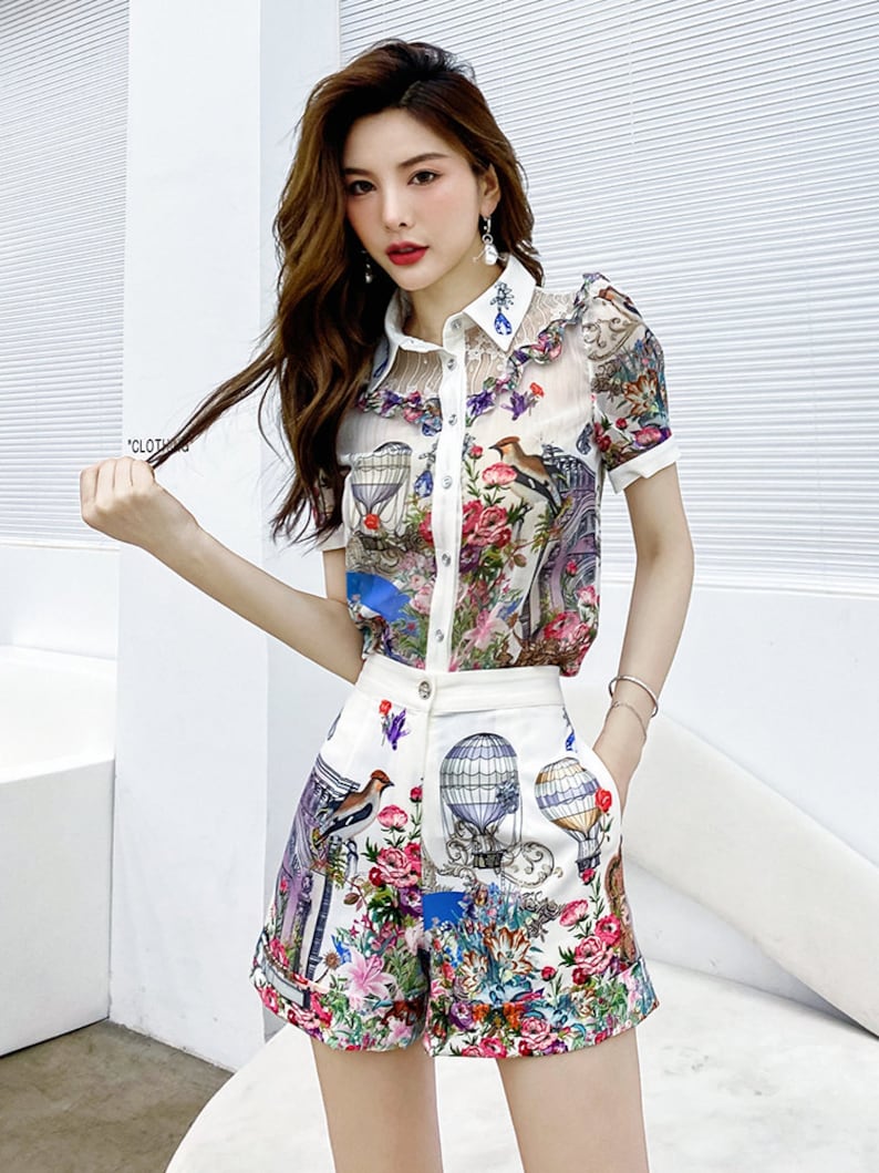 Women's Floral Print Coordinated Set, Short Sleeve Shirt with Shorts, Digital Print Hot Air Balloon Pattern, White