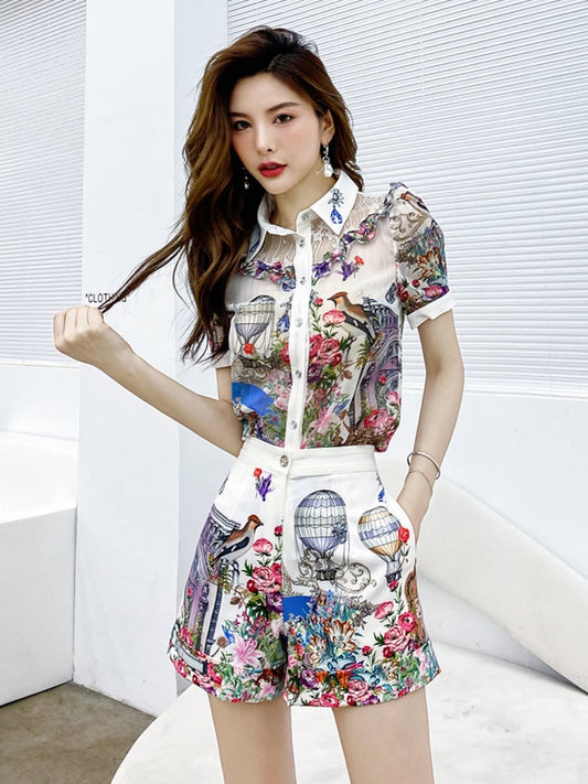 Women's Floral Print Coordinated Set, Short Sleeve Shirt with Shorts, Digital Print Hot Air Balloon Pattern, White