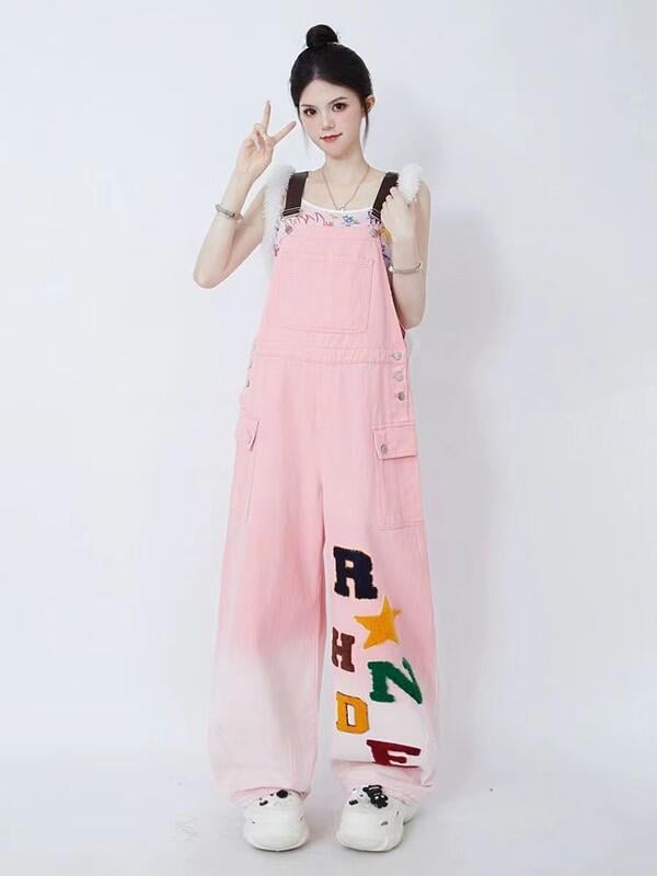 Pink Cotton Denim Dungaree, Adjustable Suspenders, Casual Overalls with Decorative Letters