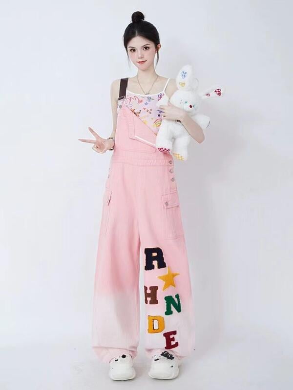 Pink Cotton Denim Dungaree, Adjustable Suspenders, Casual Overalls with Decorative Letters