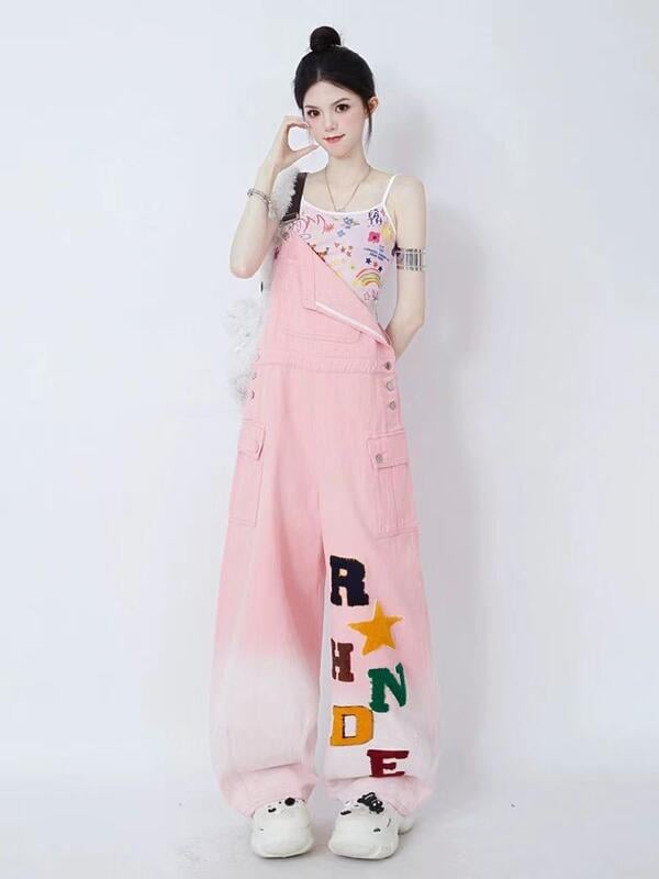 Pink Cotton Denim Dungaree, Adjustable Suspenders, Casual Overalls with Decorative Letters