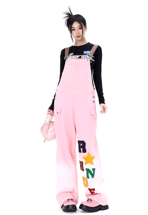 Pink Cotton Denim Dungaree, Adjustable Suspenders, Casual Overalls with Decorative Letters