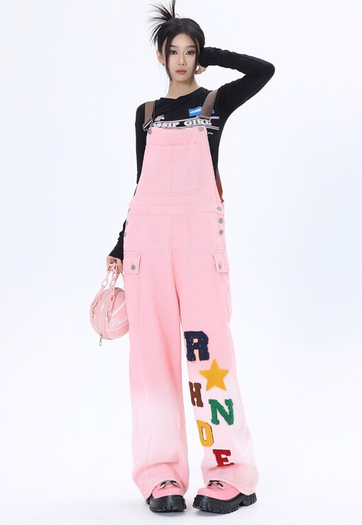 Pink Cotton Denim Dungaree, Adjustable Suspenders, Casual Overalls with Decorative Letters