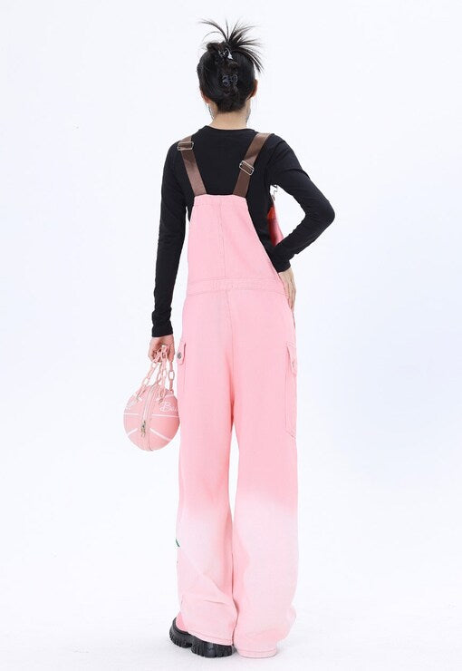 Pink Cotton Denim Dungaree, Adjustable Suspenders, Casual Overalls with Decorative Letters