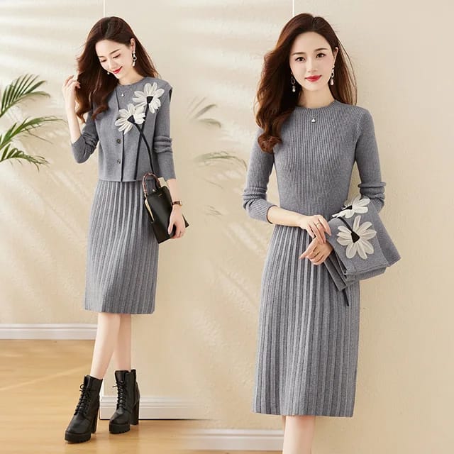 Western Couture Women's Grey Knit 2-Piece Dress Set - Premium Winter Woolen Co-ord