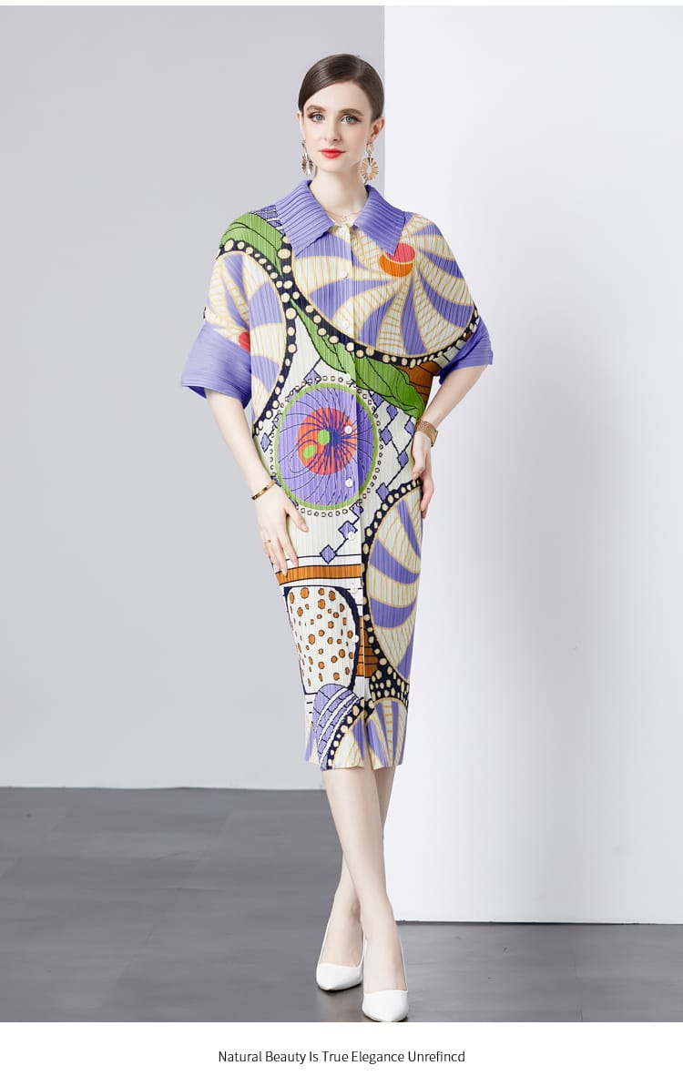 Pleated Midi Dress, Digital Print, Front Open, Purple